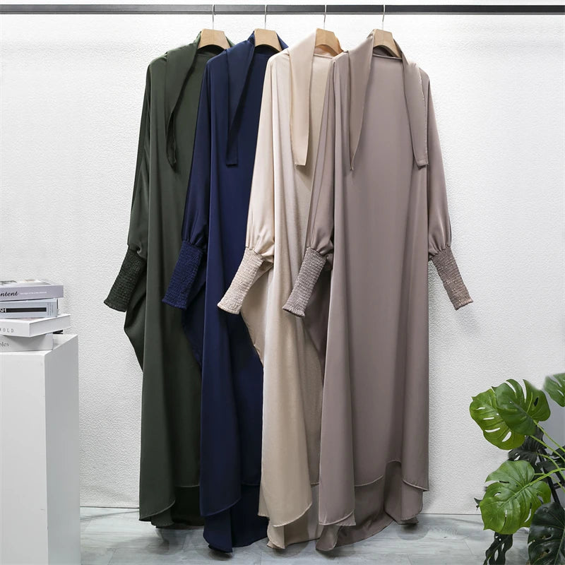 Muslim Abaya Women Jilbab Islamic Clothing Dubai Saudi Black Robe Turkish Modesty One-Piece Prayer Dress Hooded Smocking Sleeve
