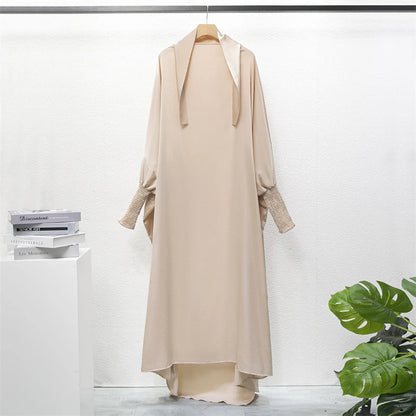 Muslim Abaya Women Jilbab Islamic Clothing Dubai Saudi Black Robe Turkish Modesty One-Piece Prayer Dress Hooded Smocking Sleeve