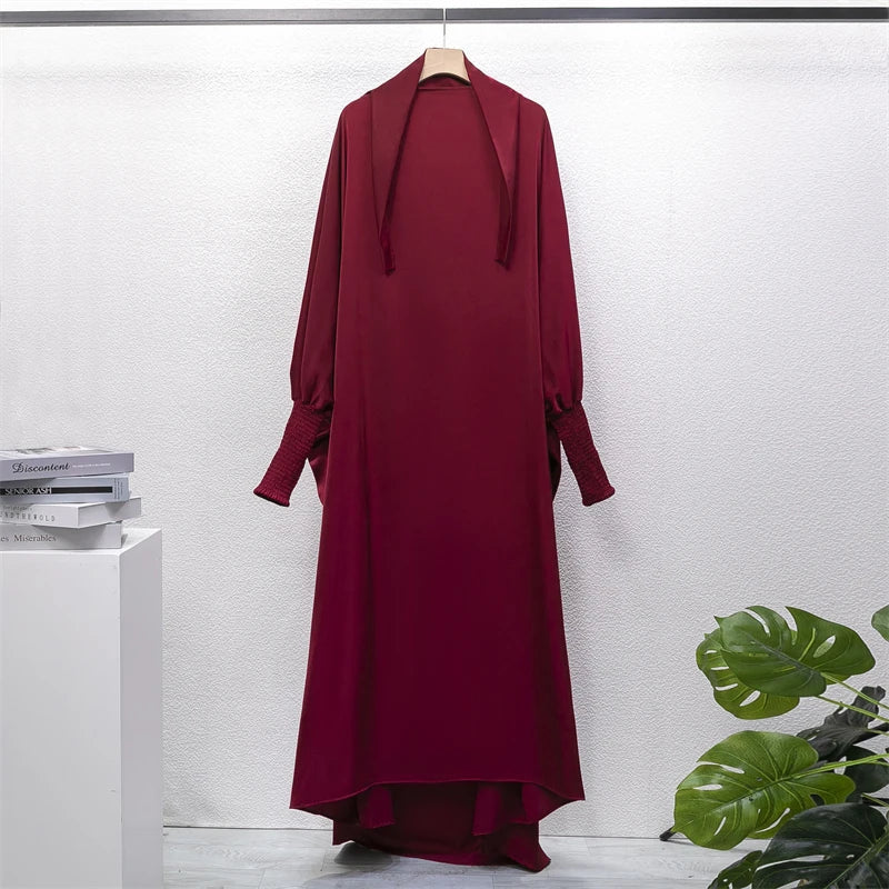 Muslim Abaya Women Jilbab Islamic Clothing Dubai Saudi Black Robe Turkish Modesty One-Piece Prayer Dress Hooded Smocking Sleeve