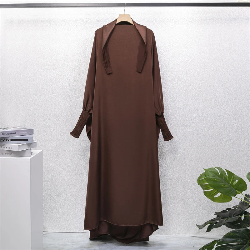 Muslim Abaya Women Jilbab Islamic Clothing Dubai Saudi Black Robe Turkish Modesty One-Piece Prayer Dress Hooded Smocking Sleeve